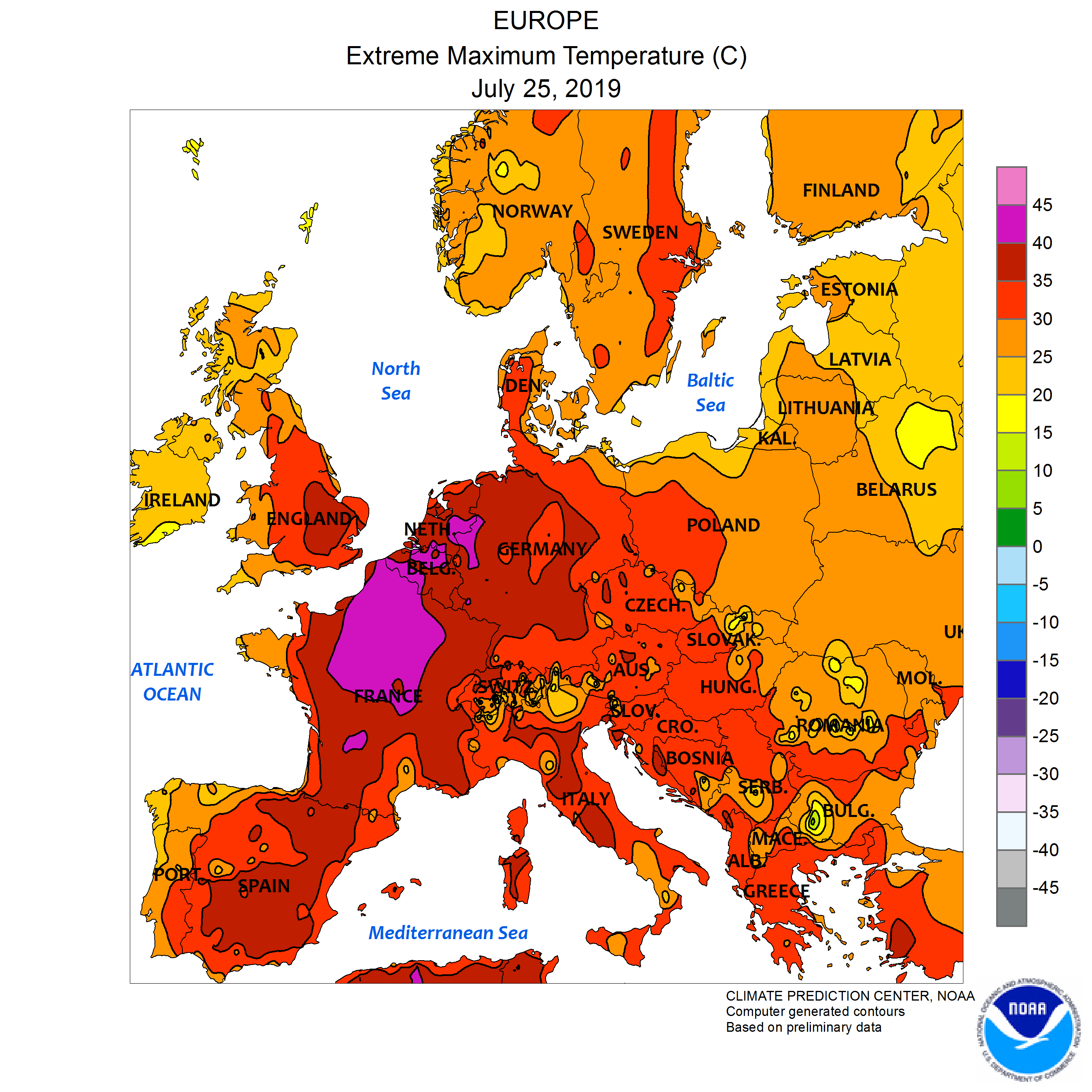 July 2019 European maximum temperatures