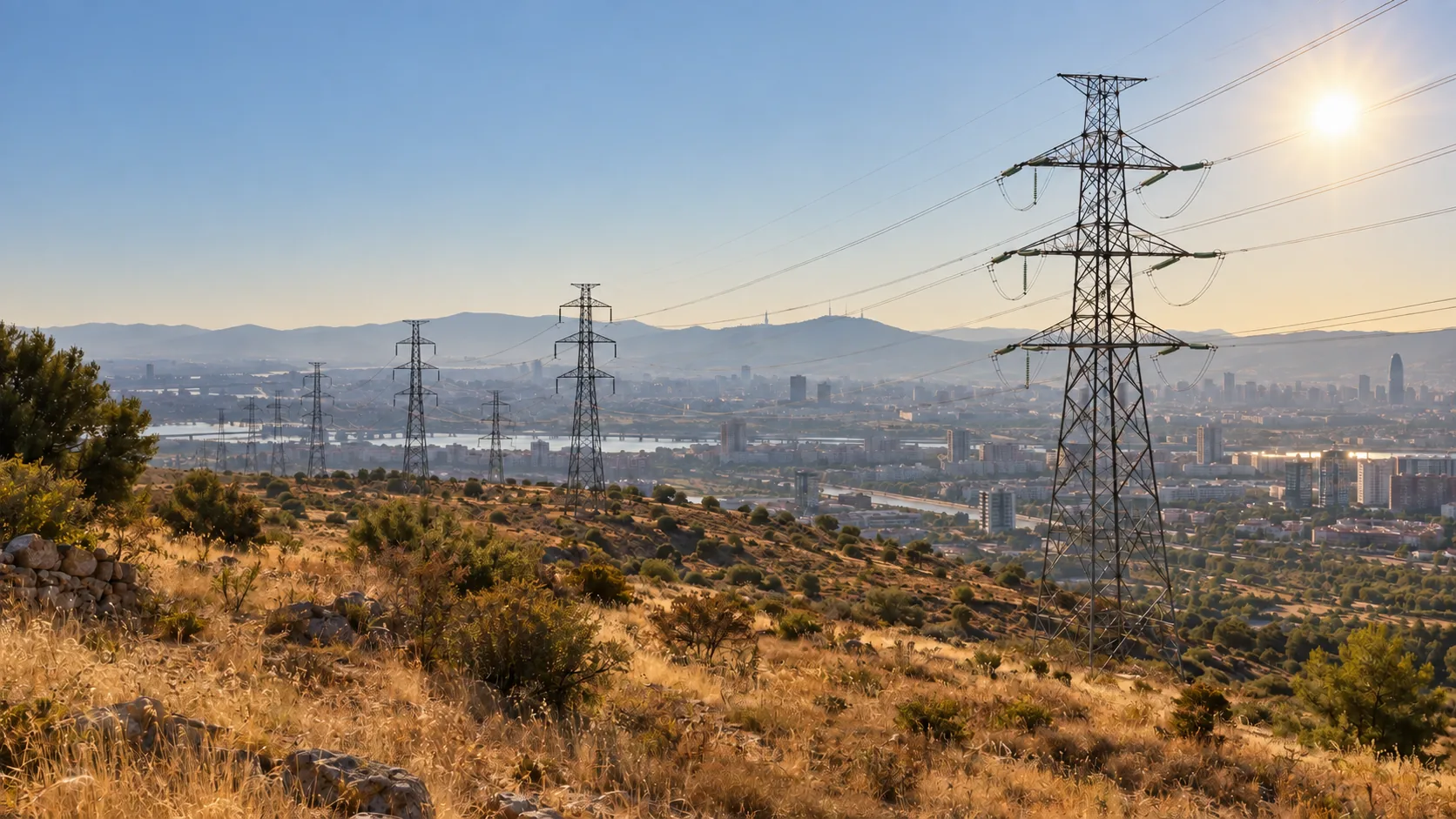 Illustrative view of transmission lines crossing a dry landscape during intense summer heat